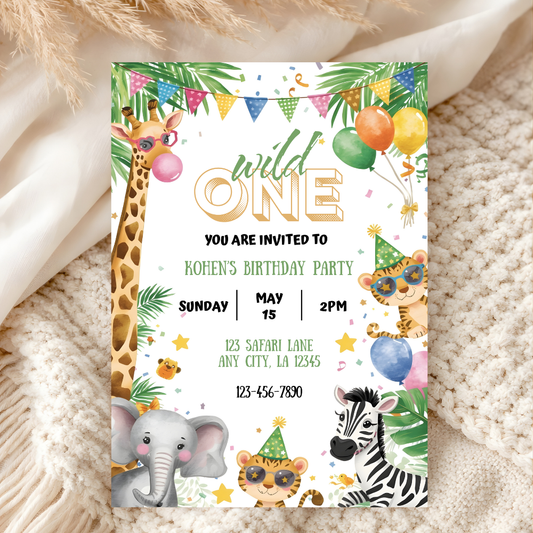 Wild One Birthday Invitation | Safari Jungle Theme | Editable Canva Template | Digital Download