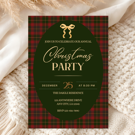 Christmas Plaid Party Invitation | Gold Bow Accent Editable Canva Template | Digital Download