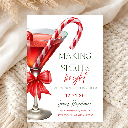 Christmas Cocktail Party Invitation | Making Spirits Bright | Candy Cane Theme | Digital Download