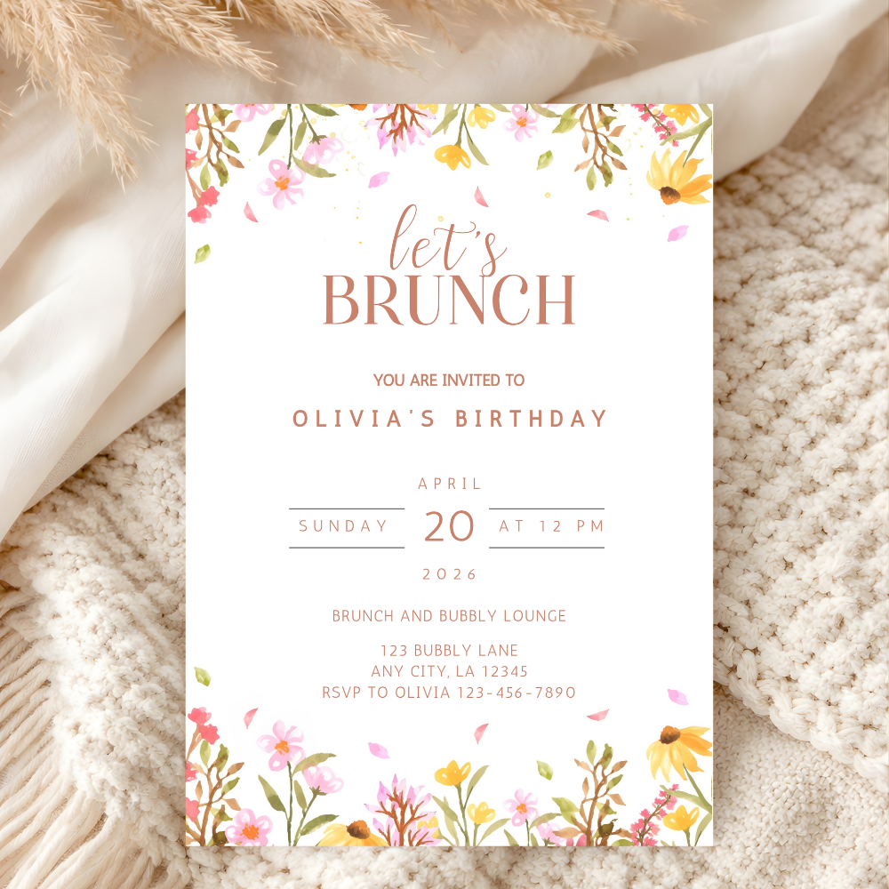 Boho Floral Brunch Invitation Template | Wildflower Birthday Party Invite | Editable Canva | Digital Download