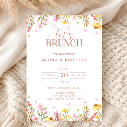 Boho Floral Brunch Invitation Template | Wildflower Birthday Party Invite | Editable Canva | Digital Download
