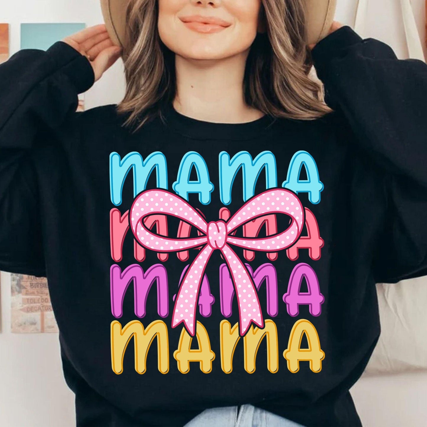 Mama SVG PNG | Colorful Coquette Polka Dot Bow Mom Shirt Design.