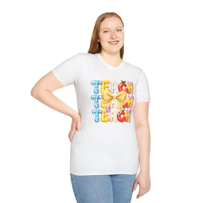 Teacher Balloon Graphic T-Shirt | Colorful TEACH Design with Bow.