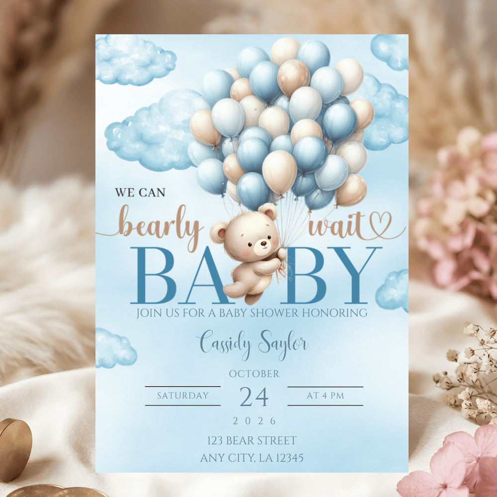 Blue Teddy Bear Shower Invitation | Editable Party Invite | Digital Download.