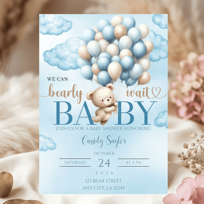 Blue Teddy Bear Shower Invitation | Editable Party Invite | Digital Download.