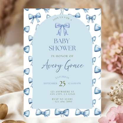 Blue Coquette Bow Shower Invitation | Editable Printable Template.