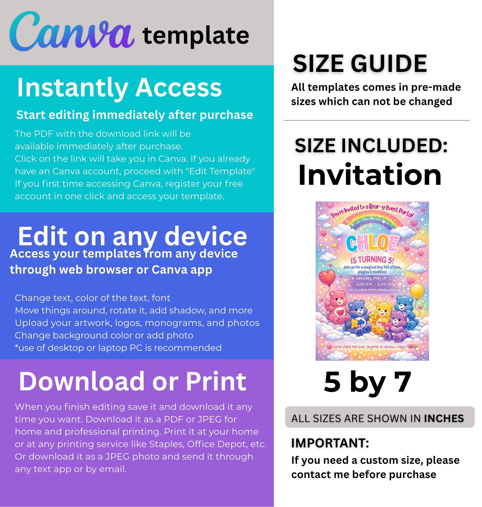 Care Bears Birthday Invitation | Editable Canva Template | Digital Download.