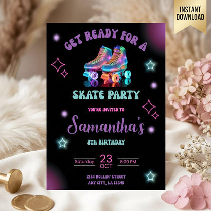 Retro Glow Birthday Party Invite | Neon Roller Skate Birthday Invitation Template | Editable Skating Download - JBDesigns