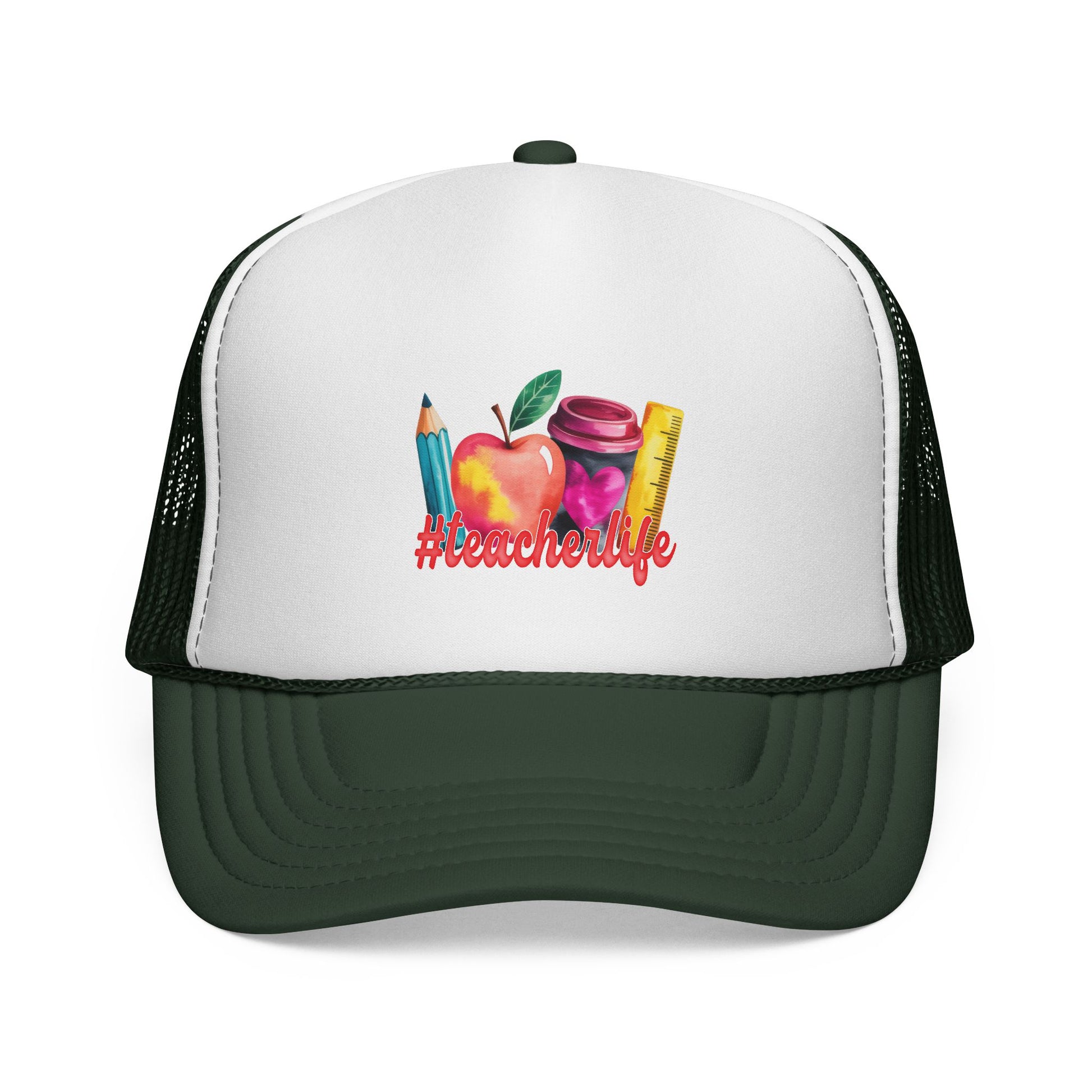 Teacher Life Trucker Cap | Watercolor Apple, Pencil & Ruler Hat.