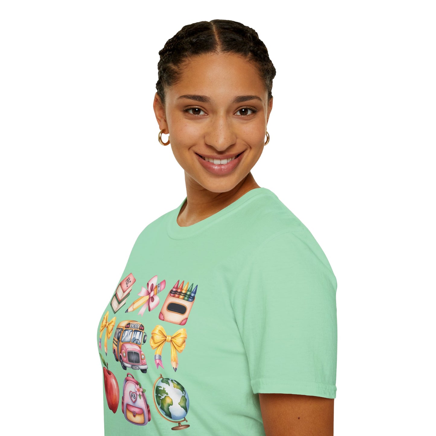 Back to School Icons T-Shirt | Cute School Bus Apple Backpack Graphic Tee.