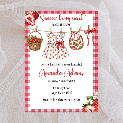 Strawberry Baby Shower Invitation | Berry Sweet Theme | Editable Canva Template | Digital Download