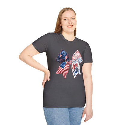 4th of July Memorial Day Bow T-Shirt | American Flag Fireworks Tee.