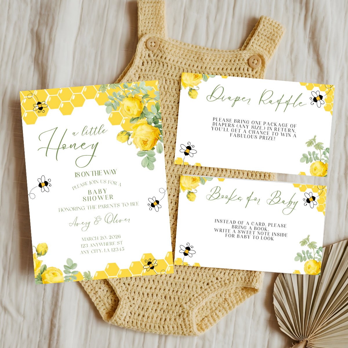 Honey Bee Baby Shower Invitation Bundle | Diaper Raffle, Books for Baby | Digital Download