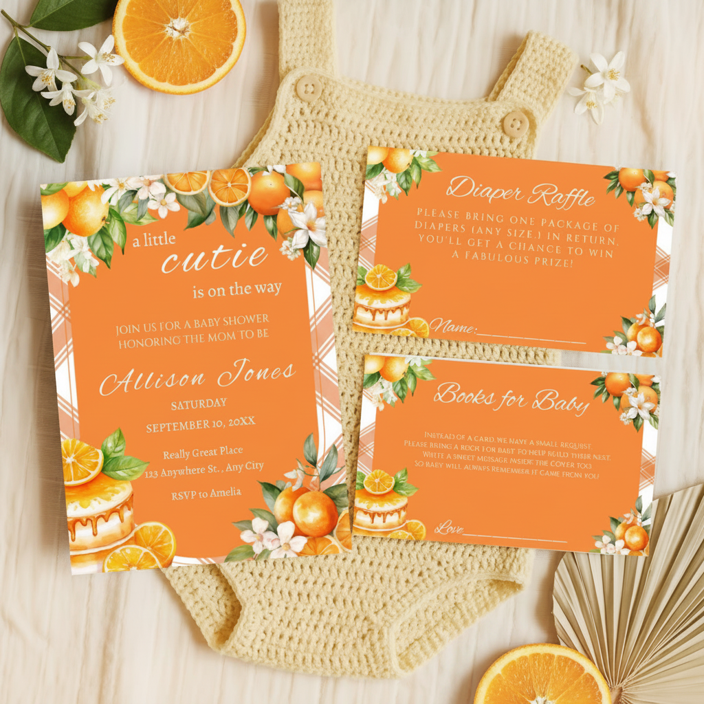 Little Cutie Orange Baby Shower Invitation Bundle | Editable Canva Template | Digital Download