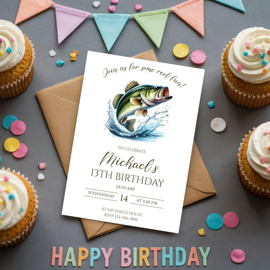 Fishing Birthday Invitation - Reel In the Fun Kids Party Invite Editable Canva Template - Digital Download