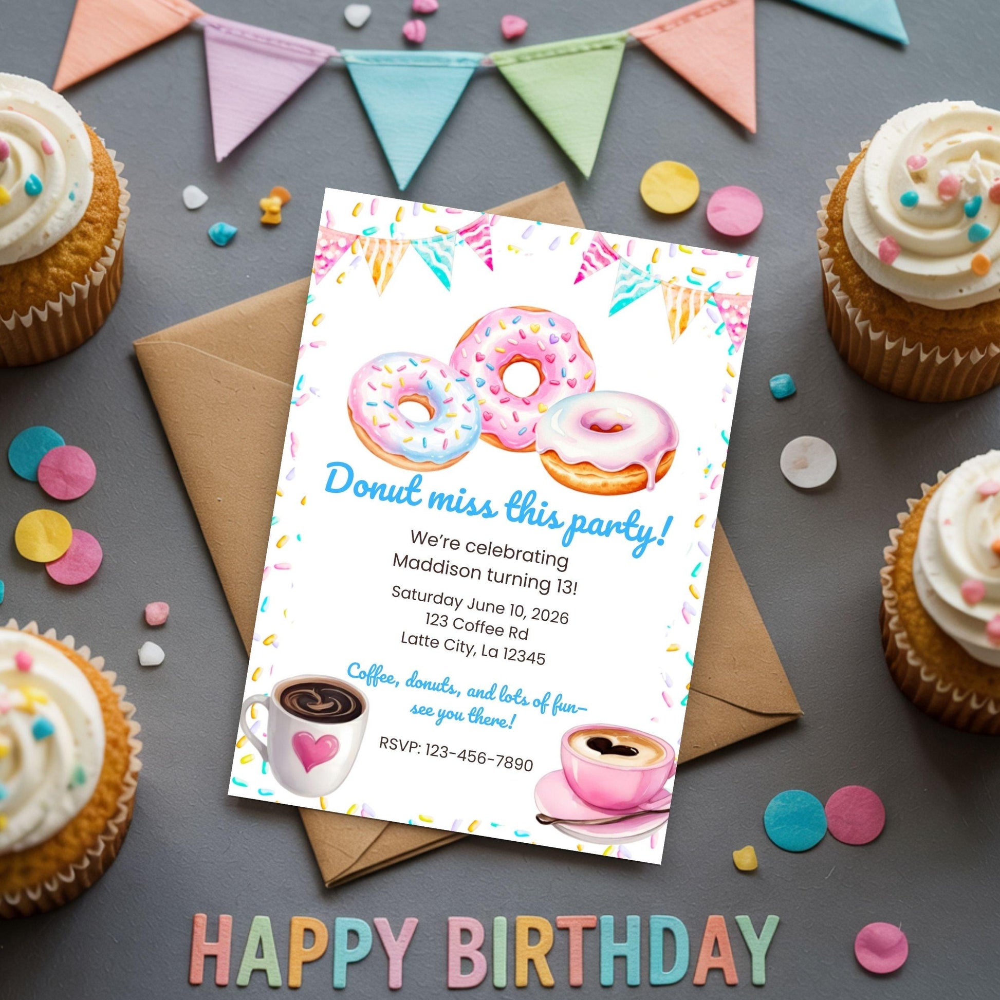 Donuts and Coffee Birthday Invitation | Editable Canva Party Invite | Digital Download