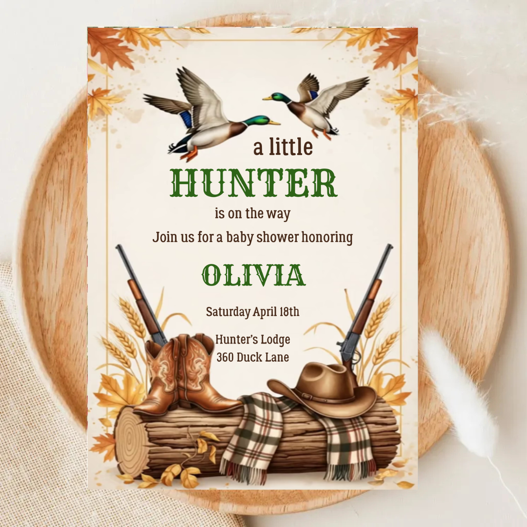 Little Hunter Baby Shower Invitation | Rustic Duck Hunting Boy Invite | Editable Canva Template | Digital Download