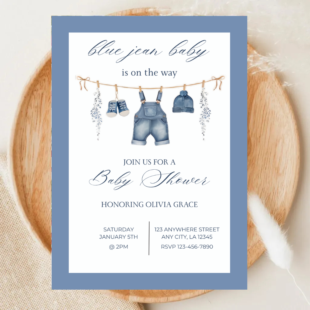 Denim Baby Shower Invitation | Editable Blue Jean Canva Template | Digital Download