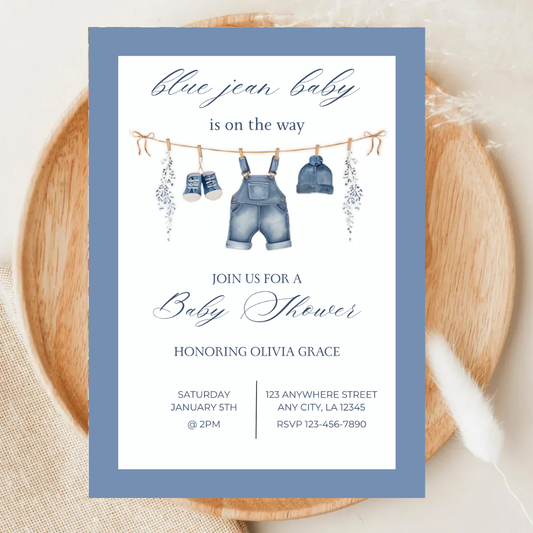 Denim Baby Shower Invitation | Editable Blue Jean Canva Template | Digital Download