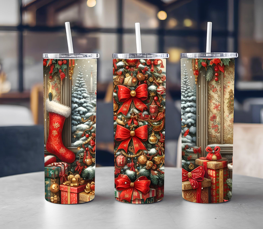 Red Christmas Collage 20oz Skinny Tumbler Wrap PNG | Holiday Sublimation Design | Straight & Tapered Cup PNG | Digital Download