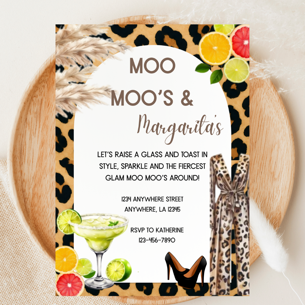 Moo Moos & Margaritas Girls Night Invitation | Leopard Print | Editable Canva Template | Digital Download