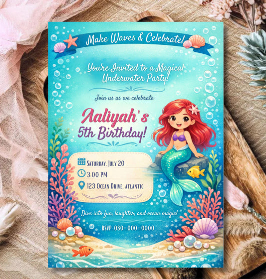 Little Mermaid Birthday Invitation | Ariel Under the Sea Kids Party Invite Canva Template Digital Download.
