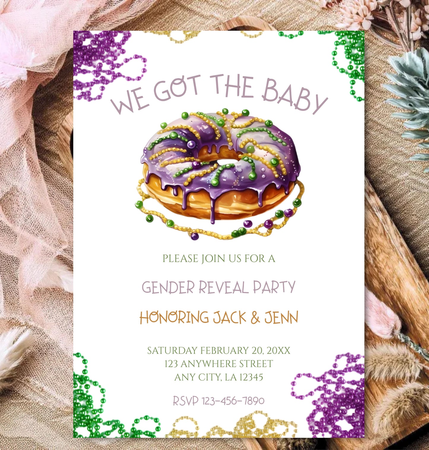 Mardi Gras Gender Reveal Invitation | King Cake Invite | Editable Template | Digital Download