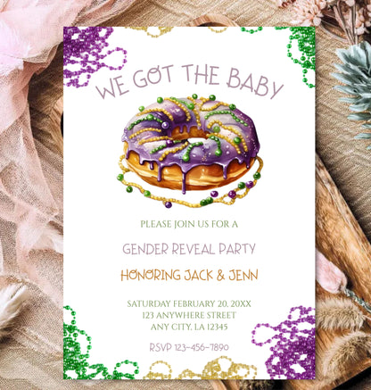 Mardi Gras Gender Reveal Invitation | King Cake Invite | Editable Template | Digital Download