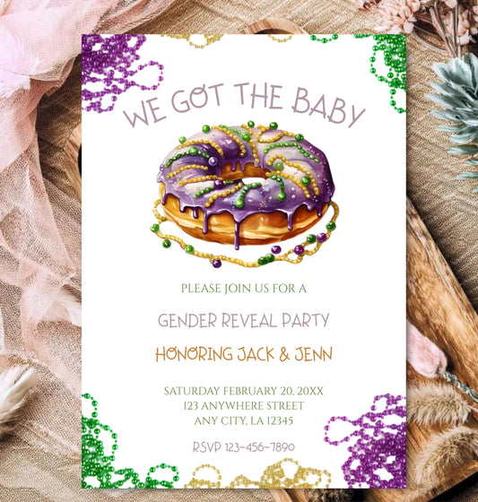 Mardi Gras Gender Reveal Invitation | King Cake Invite | Editable Template | Digital Download