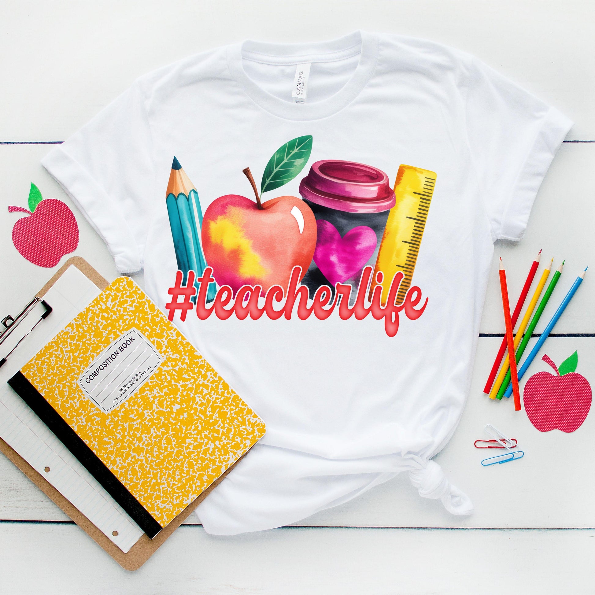 #TeacherLife PNG Design | Teacher Shirt Graphic | Apple Coffee Ruler Back to School Sublimation File