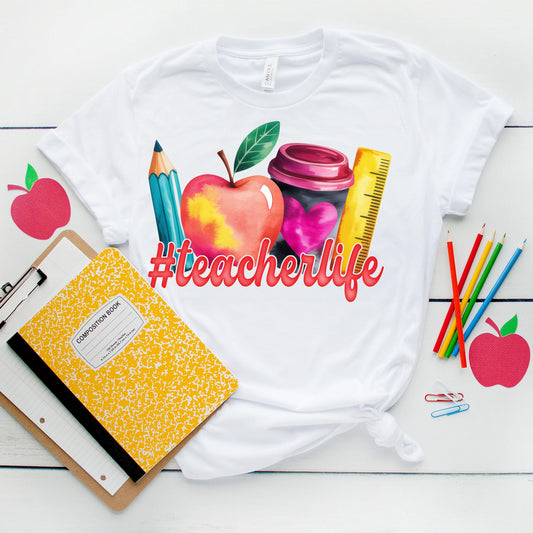 #TeacherLife PNG Design | Teacher Shirt Graphic | Apple Coffee Ruler Back to School Sublimation File