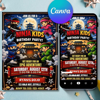 Ninja Birthday Invitation Kids Warrior Party Invite | Editable Canva Template.