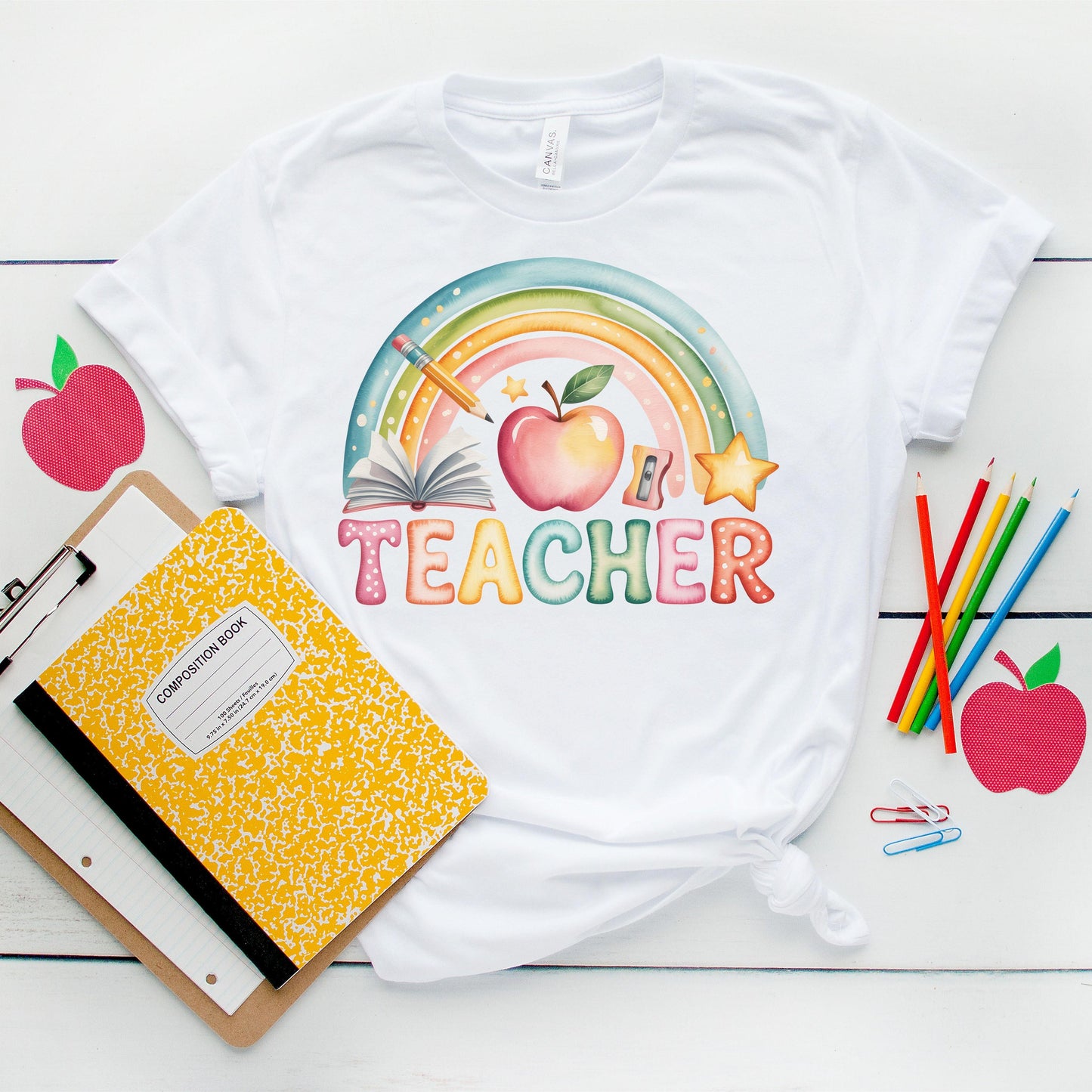 Teacher PNG File Design | Back to School Shirt Graphic | Watercolor Apple Pencil Book Sublimation File