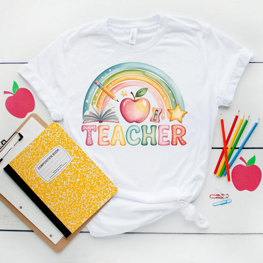 Teacher PNG File Design | Back to School Shirt Graphic | Watercolor Apple Pencil Book Sublimation File