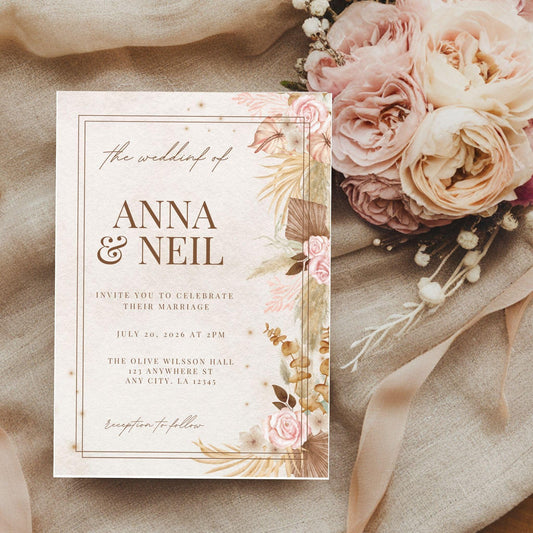 Blush Pink Wedding Invitation - Boho Floral Canva Template - Printable Digital Download