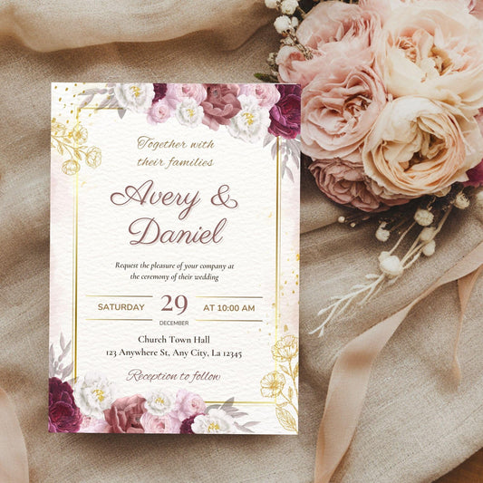 Burgundy & Gold Wedding Invitation | Floral Marsala Editable Canva Template | Digital Download