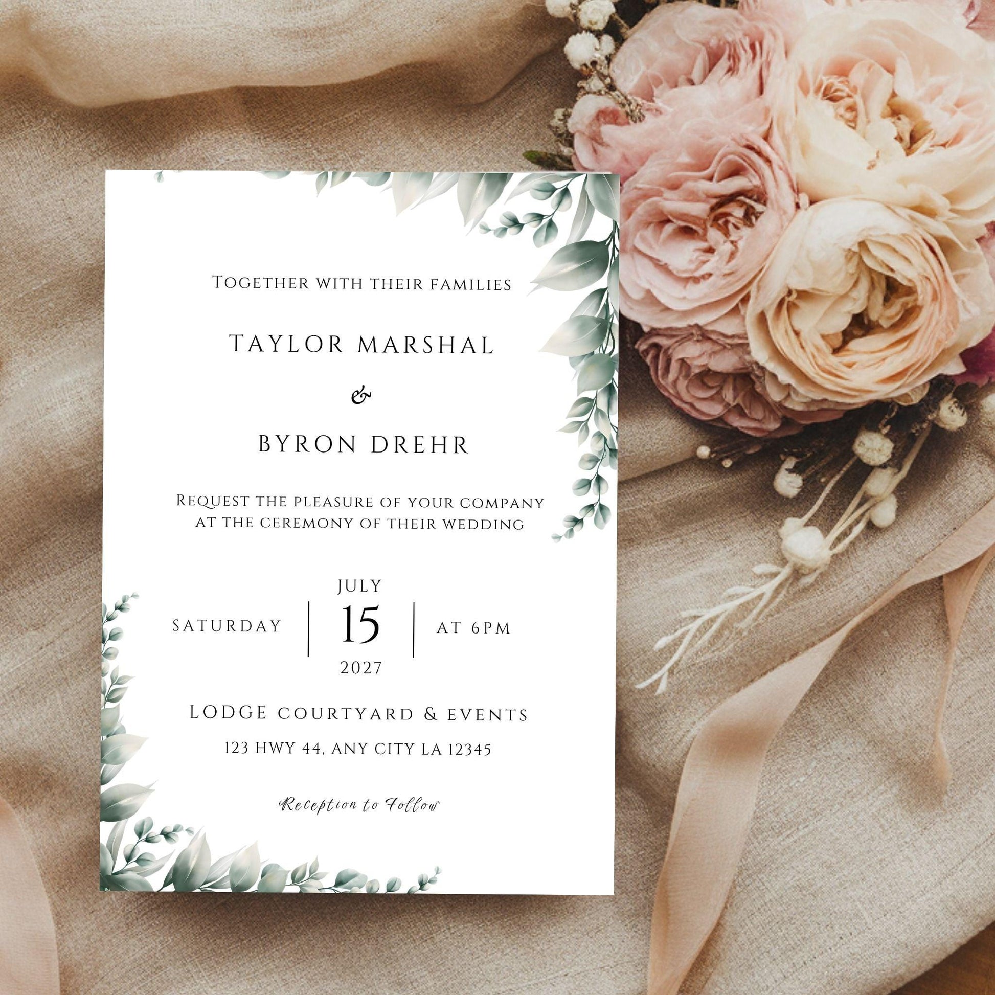 Eucalyptus Wedding Invitation Template | Editable Canva Minimal Greenery Invite