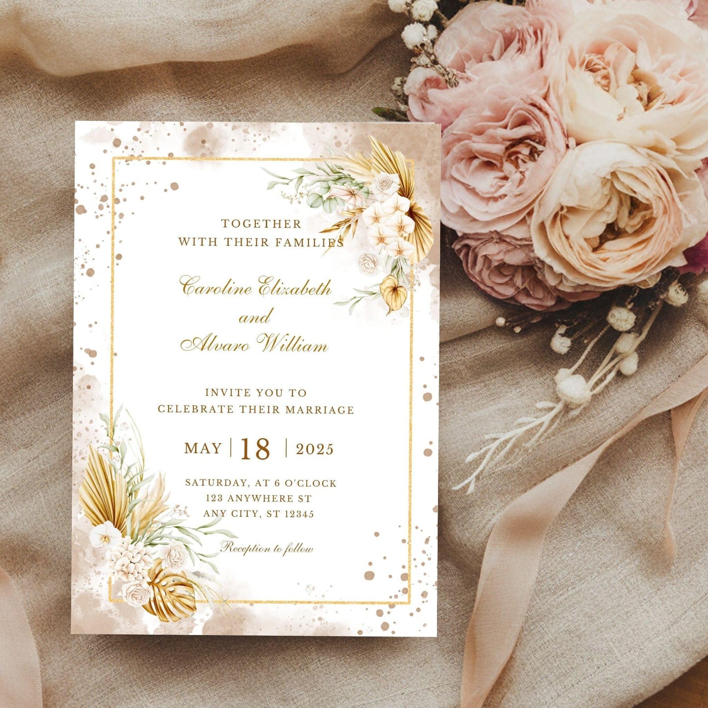 Gold Botanical Wedding Invitation Template | Minimalist Gold Invite | Editable Canva | Digital Download