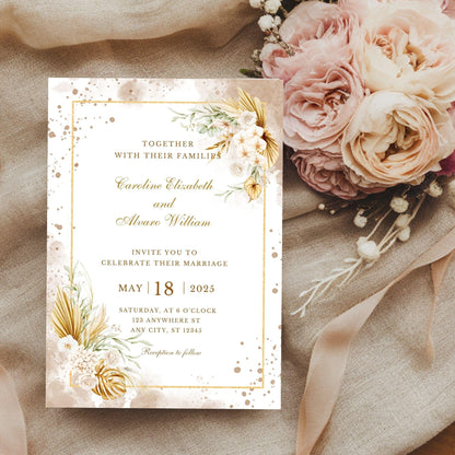 Gold Botanical Wedding Invitation Template | Minimalist Gold Invite | Editable Canva | Digital Download