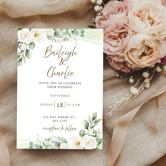 Eucalyptus Greenery Wedding Invitation Template | Editable Canva Wedding Invite | Watercolor Floral Invitation | Printable & Digital Download