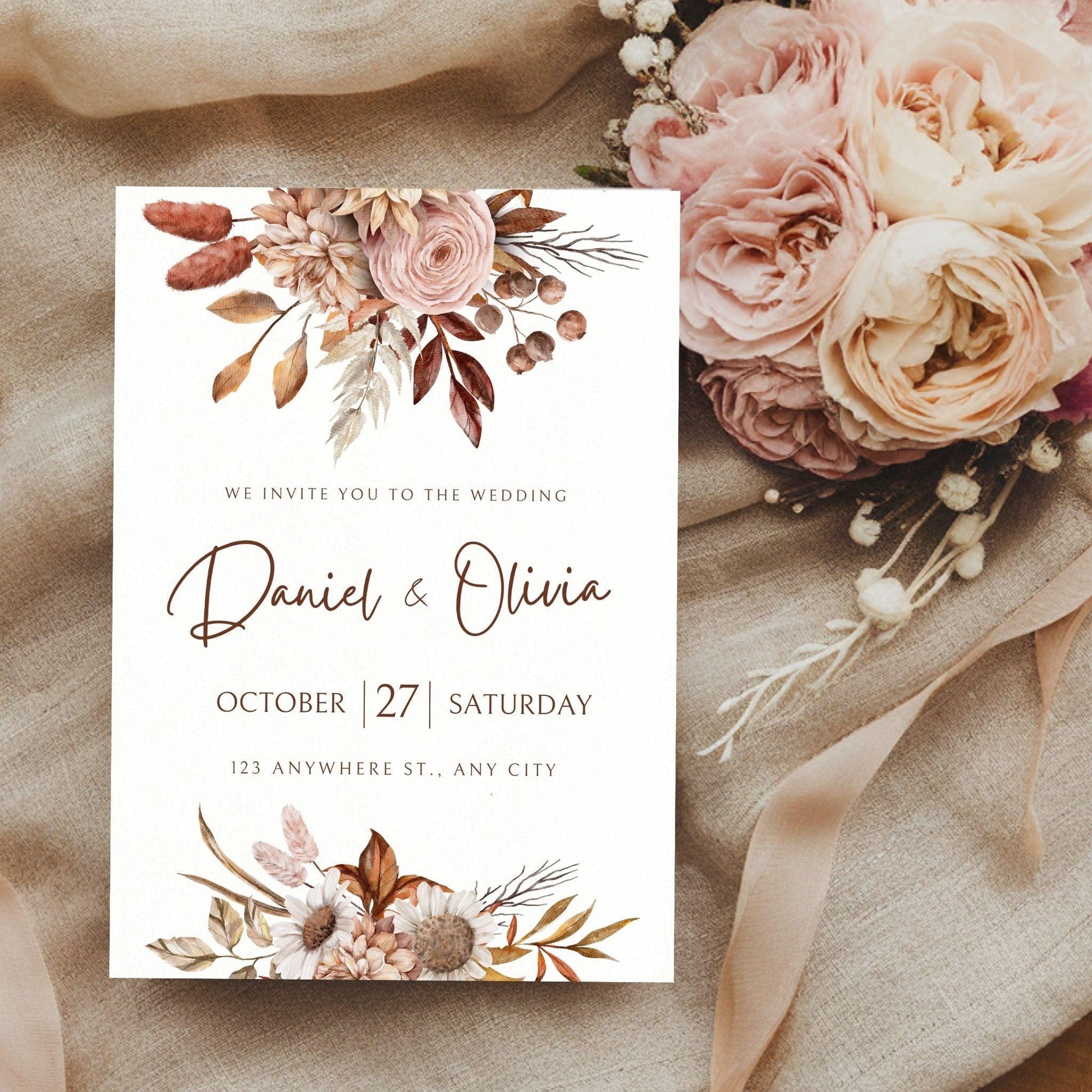 Botanical Floral Wedding Invitation - Watercolor Rustic Boho Canva Template - Digital Download