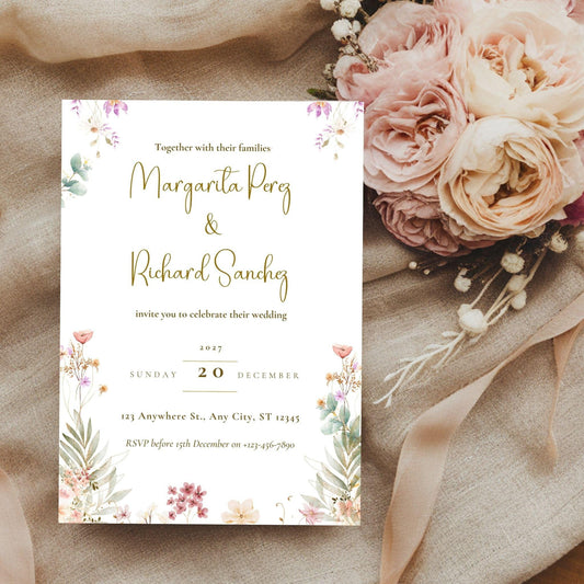 Pink Watercolor Floral Wedding Invitation Template - Botanical Canva Design - Digital Download