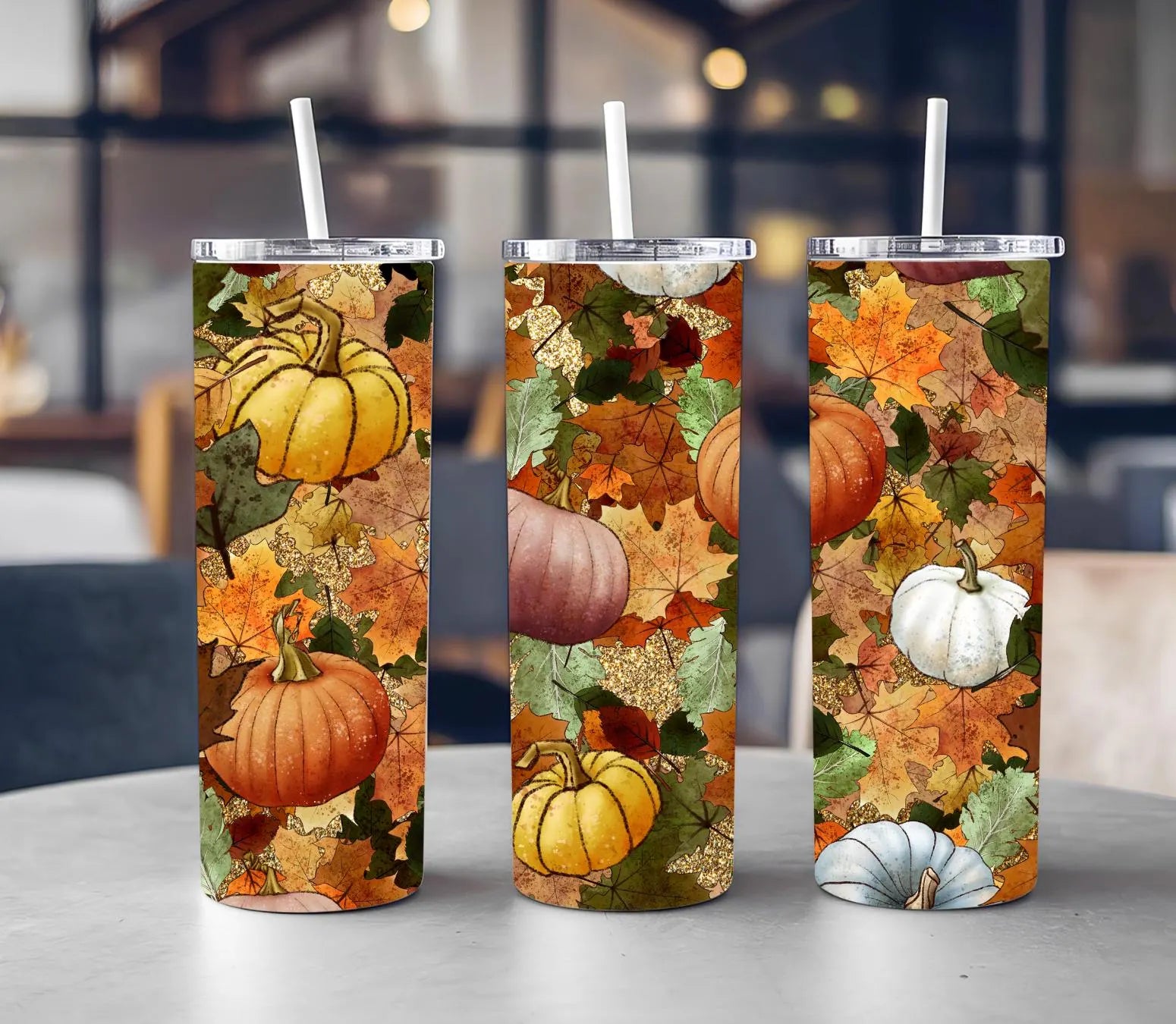 Autumn Pumpkin Leaves Tumbler Wrap PNG | 20oz Skinny Straight & Tapered Sublimation Design | Digital Download