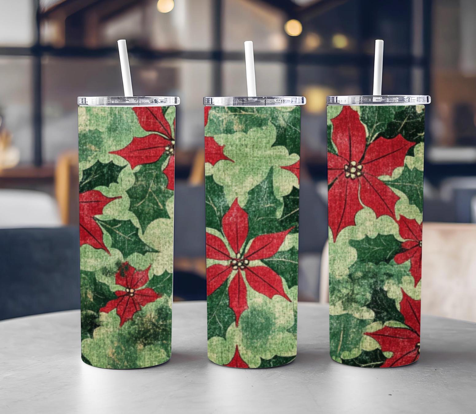 Christmas Tumbler Wrap PNG, 20oz Skinny Sublimation Design, Poinsettia Tumbler Wrap, Digital Download”