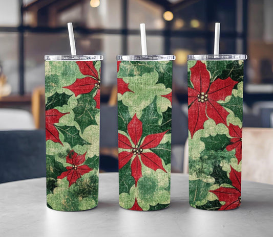 Christmas Tumbler Wrap PNG, 20oz Skinny Sublimation Design, Poinsettia Tumbler Wrap, Digital Download”
