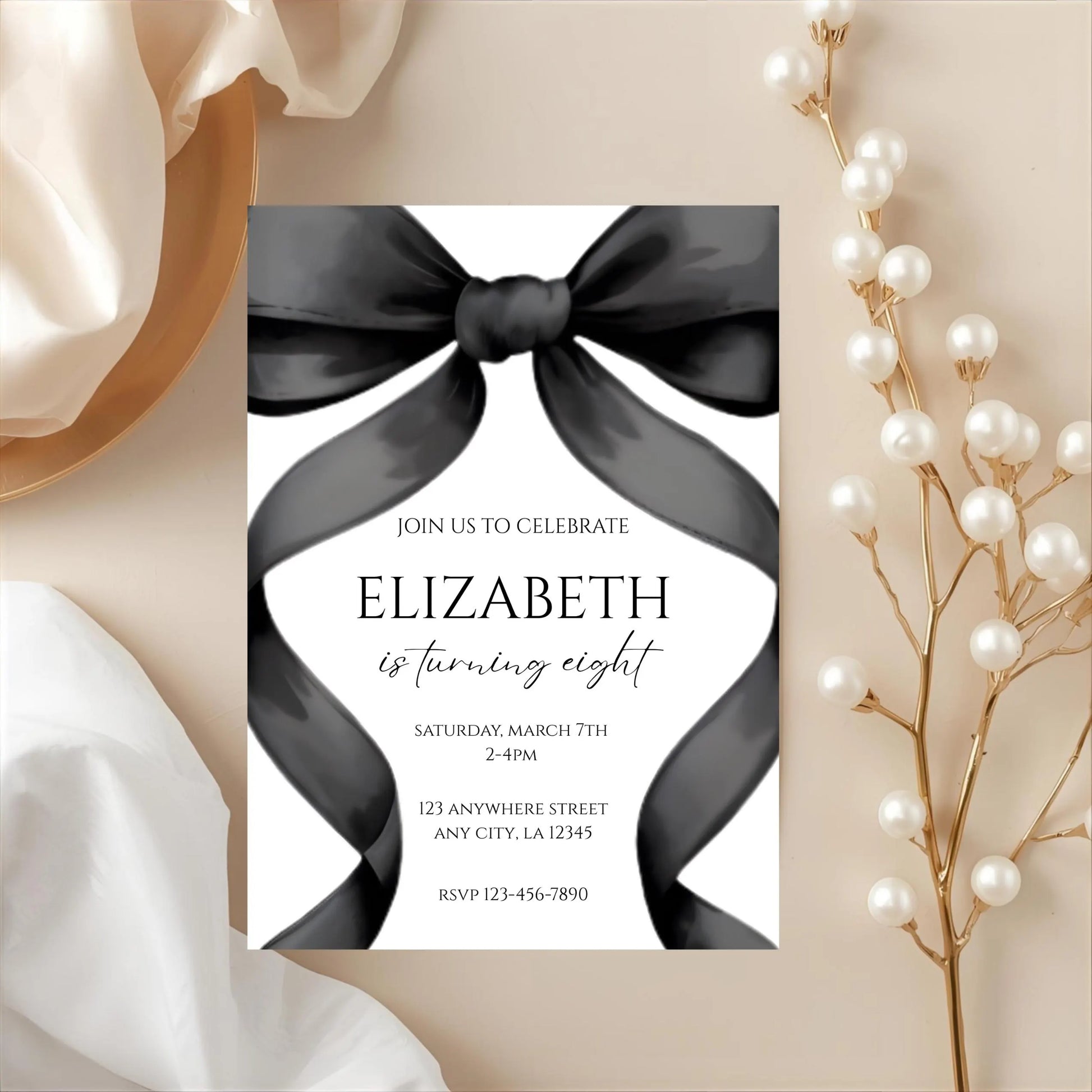 Black Bow Birthday Invitation Template - Coquette Party Invite Editable Canva - Digital Download