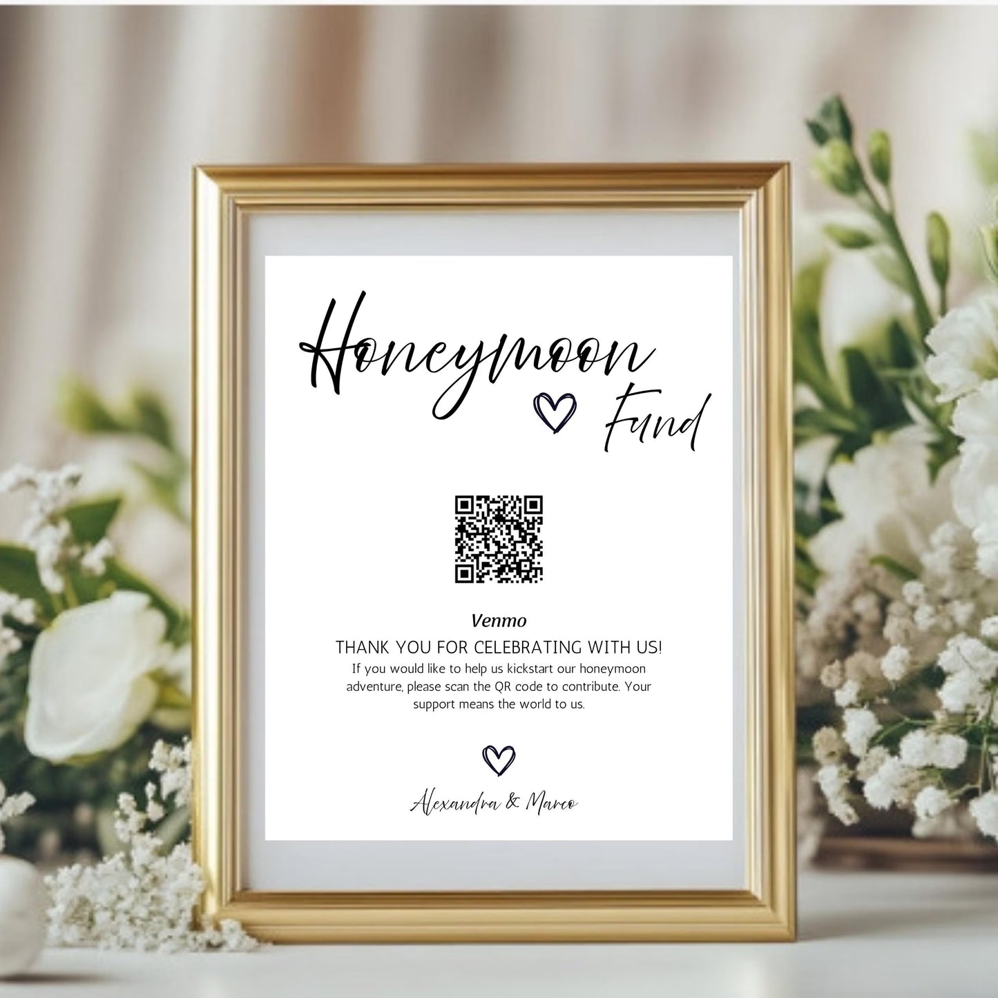 Honeymoon Fund Sign Template | Venmo QR Code Wedding Poster | Cash Gift Request Printable Canva - JBDesigns