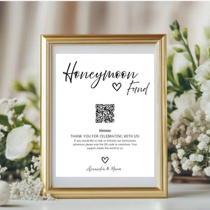 Honeymoon Fund Sign Template | Venmo QR Code Wedding Poster | Cash Gift Request Printable Canva - JBDesigns