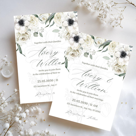 Modern Floral Wedding Invitation Template | Green & Cream Botanical Invite | Editable Canva | Digital Download