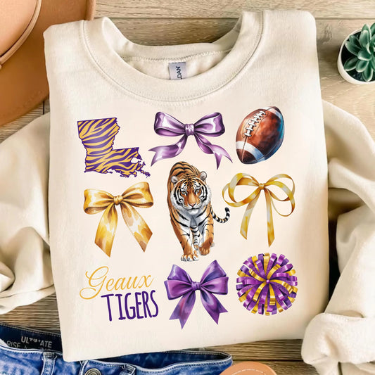 Geaux Tigers PNG SVG | Louisiana Football Shirt Design | Purple Gold Bow Tiger | Digital Download
